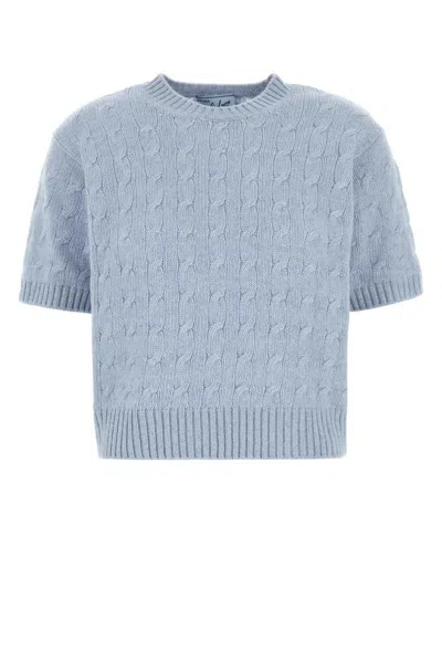 Prada Cable Knit Crew Neck Short Sleeve Sweater In Blue