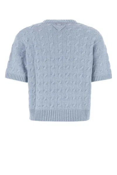 Prada Cable Knit Crew Neck Short Sleeve Sweater In Blue