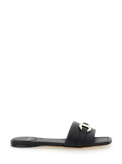 Ferragamo Leather Slides With Flat Sole And Gold-tone Hardware In Black