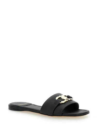 Ferragamo Leather Slides With Flat Sole And Gold-tone Hardware In Black