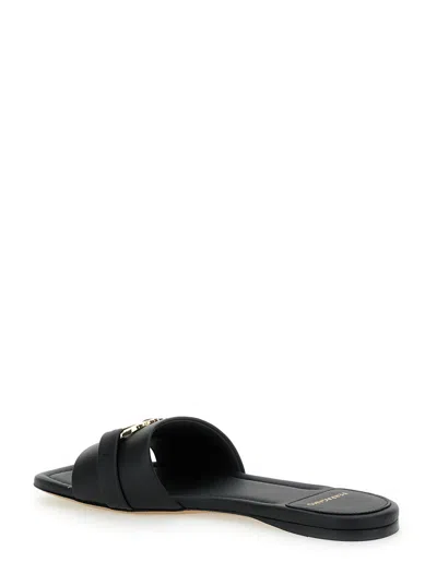 Ferragamo Leather Slides With Flat Sole And Gold-tone Hardware In Black
