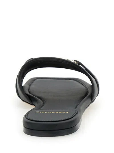 Ferragamo Leather Slides With Flat Sole And Gold-tone Hardware In Black