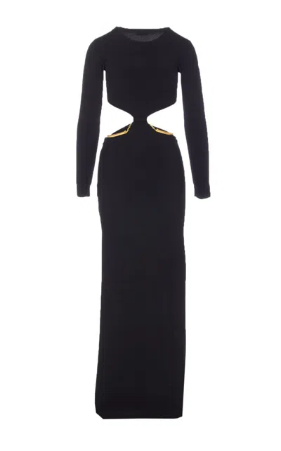 Elisabetta Franchi Crewneck Cut-out Maxi Dress With Gold Detail In Black