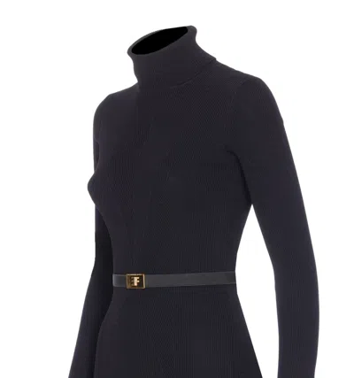 Elisabetta Franchi Dress In Ribbed Knit Fabric With Belt In Blue