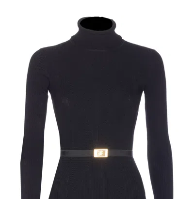Elisabetta Franchi Dress In Ribbed Knit Fabric With Belt In Blue