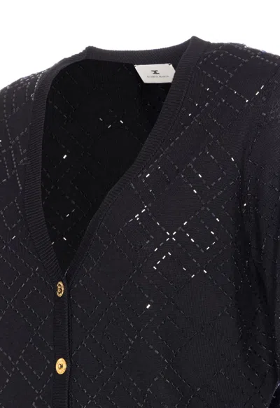 Elisabetta Franchi V-neck Textured Pattern Knitwear Cardigan In Black