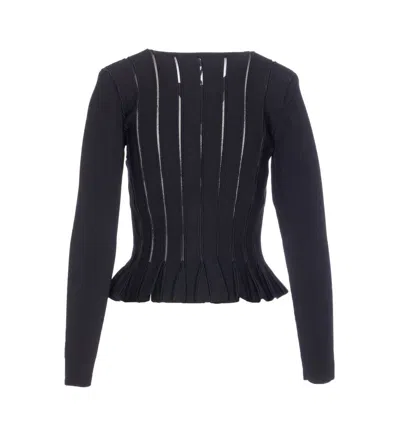 Elisabetta Franchi Tricot Pattern Sweater With Padded Shoulder Straps And Embroidered Hem In Black