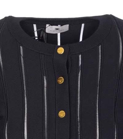 Elisabetta Franchi Tricot Pattern Sweater With Padded Shoulder Straps And Embroidered Hem In Black