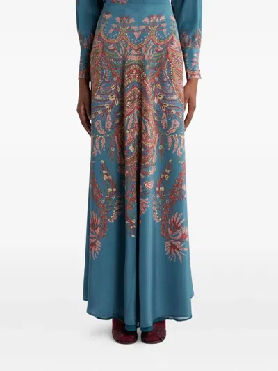 Etro Silk Paisley Maxi Skirt In Blue