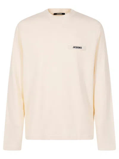 Jacquemus Long-sleeve Off-white Cotton T-shirt With Subtle Logo Patch In Nude