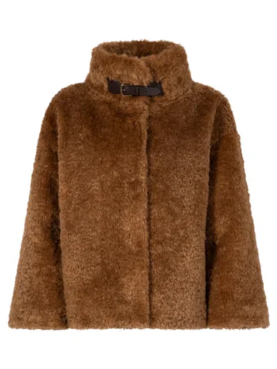 Herno Plush Faux Fur Jacket With High Collar And Buckle Closure In Brown