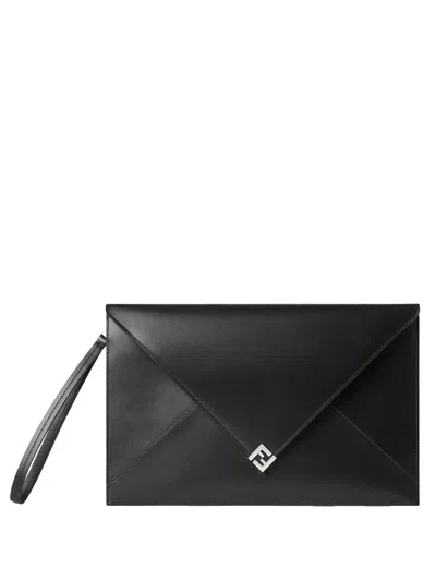 Fendi Large Flat Pouch With Envelope Design And Wrist Strap In Black