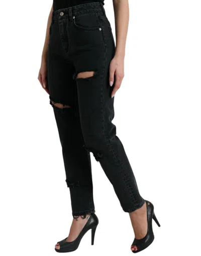 Dolce & Gabbana Black Cotton Tattered High Waist Denim Jeans In Black
