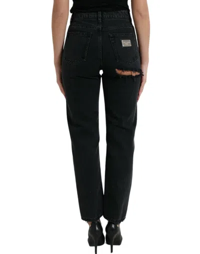 Dolce & Gabbana Black Cotton Tattered High Waist Denim Jeans In Black