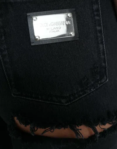 Dolce & Gabbana Black Cotton Tattered High Waist Denim Jeans In Black