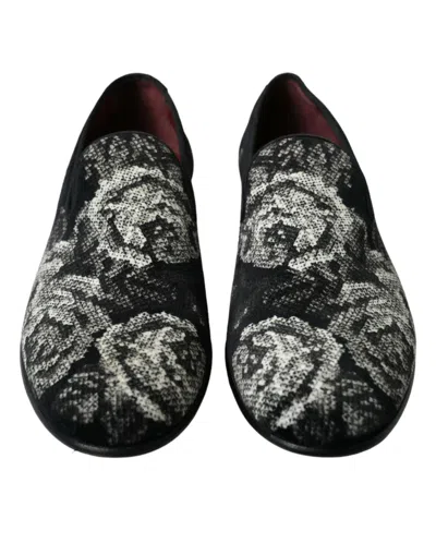Dolce & Gabbana Black Floral Slippers Men Loafers Dress Shoes In Black