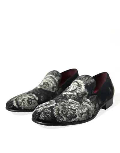 Dolce & Gabbana Black Floral Slippers Men Loafers Dress Shoes In Black