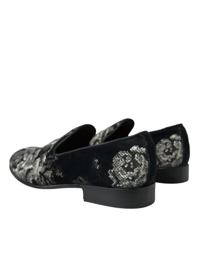 Dolce & Gabbana Black Floral Slippers Men Loafers Dress Shoes In Black