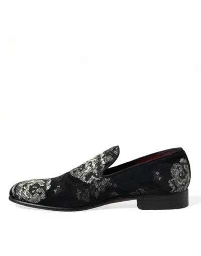 Dolce & Gabbana Black Floral Slippers Men Loafers Dress Shoes In Black