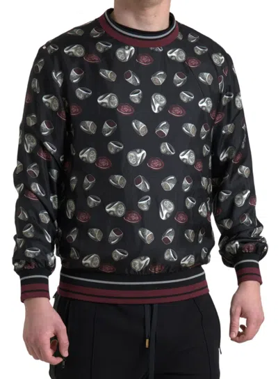 Dolce & Gabbana Black Ring Print Silk Crewneck Men's Sweater In Black