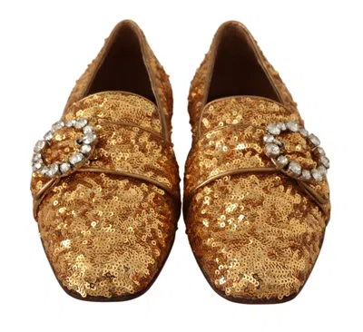 Dolce & Gabbana Gold Sequin Crystal Flat Women Loafers Women's Shoes In Gold