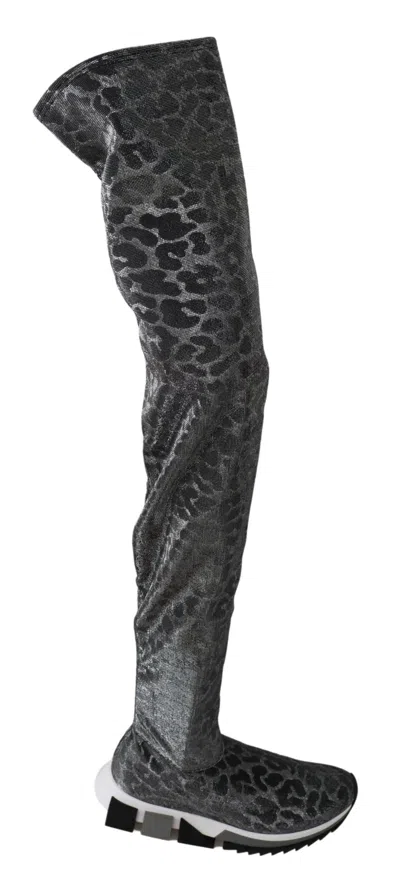 Dolce & Gabbana Gray Leopard High Top Sneakers Booties Shoes In Blue