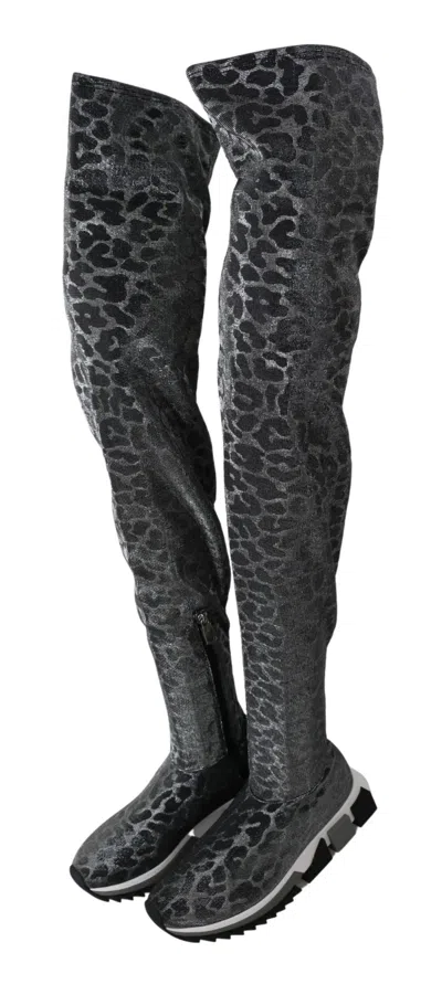 Dolce & Gabbana Gray Leopard High Top Sneakers Booties Shoes In Blue