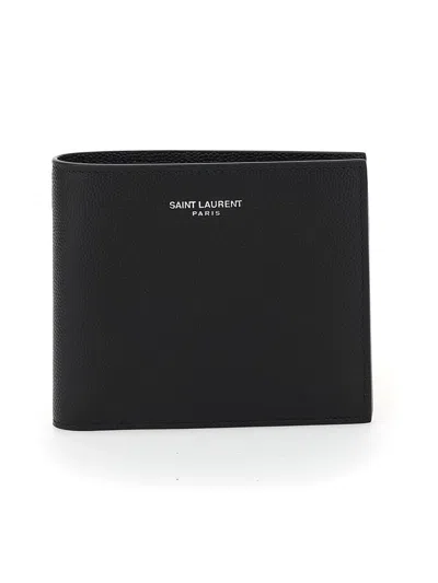 Saint Laurent Black Bi-fold Wallet With Logo Lettering On The Front In Leather Man In Black