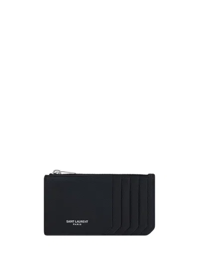 Saint Laurent Men Black Card-holder With Embossed Logo In Leather Man In Black