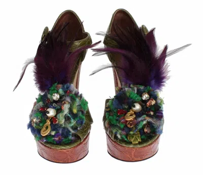 Dolce & Gabbana Orange Leather Crystal Platform Sandal Shoes In Green