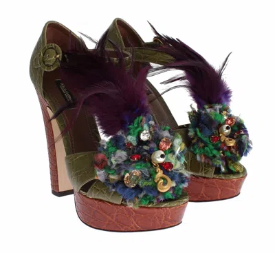 Dolce & Gabbana Orange Leather Crystal Platform Sandal Shoes In Green
