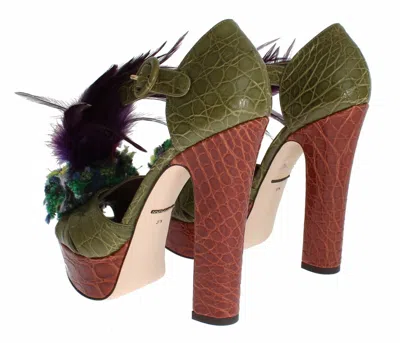 Dolce & Gabbana Orange Leather Crystal Platform Sandal Shoes In Green