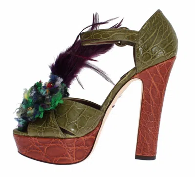 Dolce & Gabbana Orange Leather Crystal Platform Sandal Shoes In Green