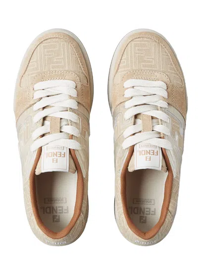 Fendi Ff-monogram Jacquard Suede-panels Sneakers In Neutral