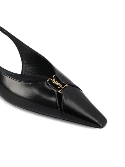 Saint Laurent Leather Slingback Ballet Flats With Pointed Toe In Black