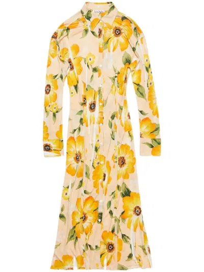Acne Studios Orange Button-up Printed Midi Dress In Multi