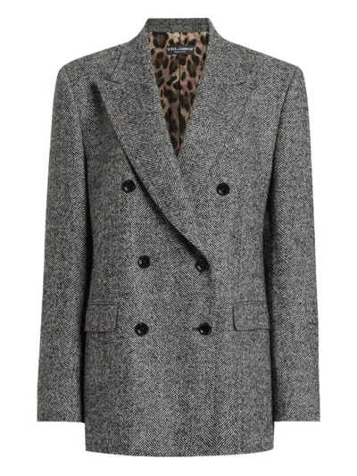 Dolce & Gabbana Double-breasted Herringbone Jacket With Animal Print Lining Clothing In Gray