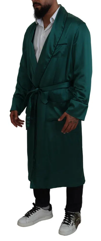 Dolce & Gabbana Green Silk Waist Belt Robe Men's Sleepwear In Green