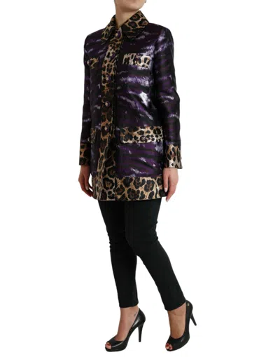 Dolce & Gabbana Purple Lamé Jacquard Tiger Print Coat Jacket In Purple