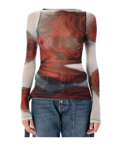 Jean Paul Gaultier Rose Mesh Floral Top In Brown