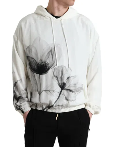 Dolce & Gabbana White Floral Print Hooded Pullover Sweater In Neutral