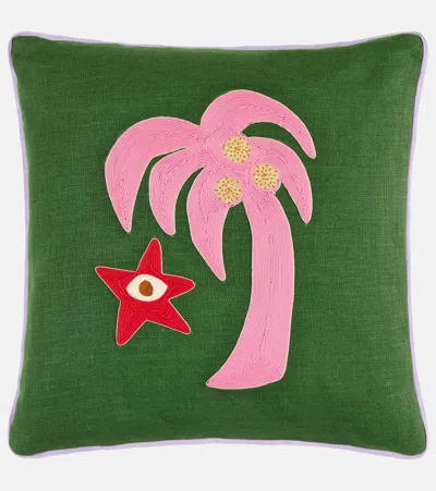 Jonathan Adler Playa Palm Tree Linen Cushion In Green