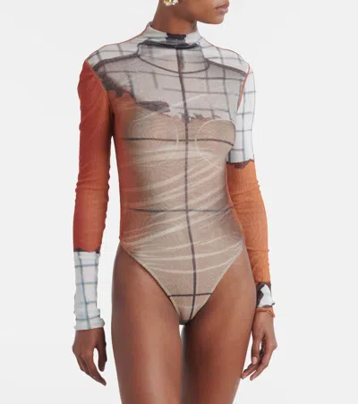 Jean Paul Gaultier 'flame Graphic High Neck Sheer Bodysuit' In White