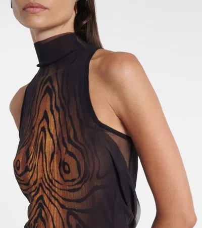 Jean Paul Gaultier Long Dress In Multicolor Mesh With High Neck And Sleeveless Design In Brown