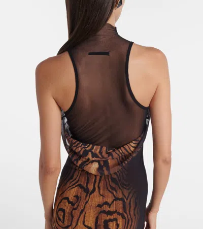 Jean Paul Gaultier Long Dress In Multicolor Mesh With High Neck And Sleeveless Design In Brown