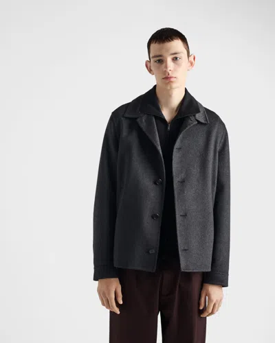 Prada Mens Black Superfine Triangle-logo Wool Knitted Cardigan In Black