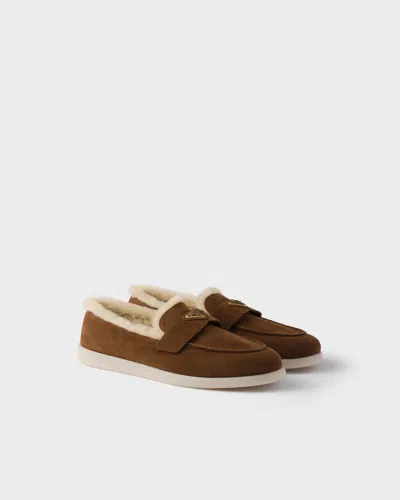 Prada Suede And Sheepskin Loafers In Multi