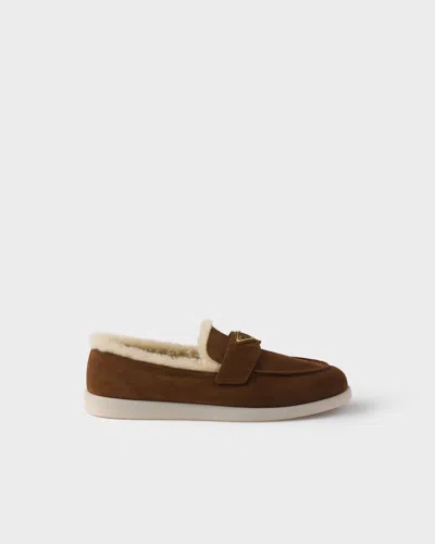 Prada Suede And Sheepskin Loafers In Multi