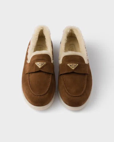 Prada Suede And Sheepskin Loafers In Multi