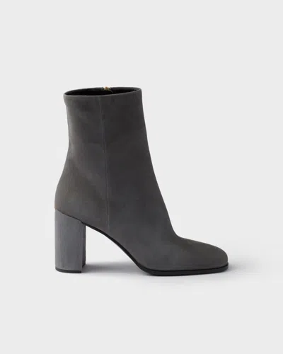 Prada 85mm Suede Block-heel Boots In Gray